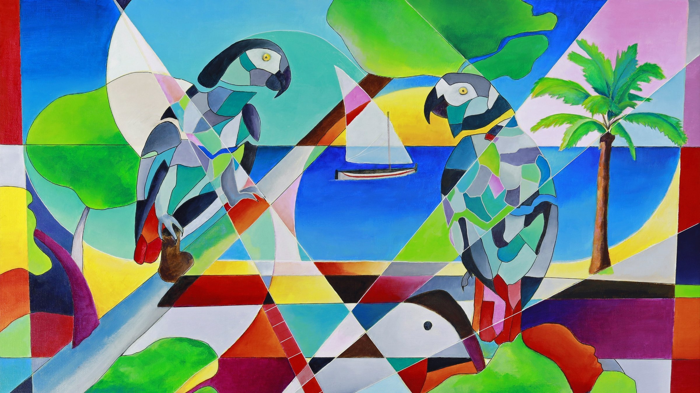 L'image représente une vue aérienne d'un paysage côtier, où des teintes vibrantes de rouge, orange et bleu se mêlent. La partie supérieure de l'image présente des formations terrestres, probablement des zones de végétation dense, desservies par des rivières sinueuses qui serpentent à travers le terrain. Ces rivières, d'un bleu profond, contrastent avec les couleurs chaudes du sol. On peut discerner des îles et des zones inondées dans la partie inférieure, avec des lignes évoquant des cours d'eau qui s'étendent vers l'extérieur. La composition générale suggère un environnement naturel riche, où la terre et l'eau interagissent de manière dynamique. Les textures et les motifs des différentes surfaces créent un effet artistique, presque abstrait, tout en invitant à imaginer les paysages vibrants de la nature.