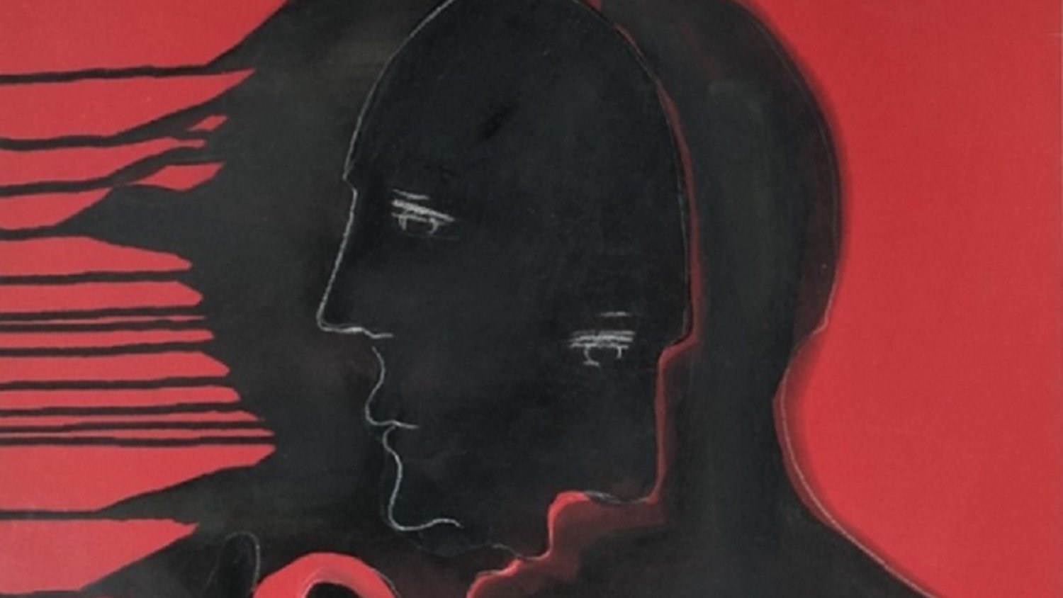 L'image représente un fond rouge intense. Au centre, une silhouette de visage est esquissée en noir. Cette silhouette est stylisée, sans détails prononcés, et semble se fondre dans des coups de pinceau fluides qui s'étendent vers la gauche. Des gouttes de peinture noire s'écoulent à partir de la silhouette, créant une impression de mouvement ou d'émotion intense. L'ensemble de l'œuvre laisse transparaître une ambiance sombre et expressive, évoquant des thèmes de réflexion ou de tourment intérieur.