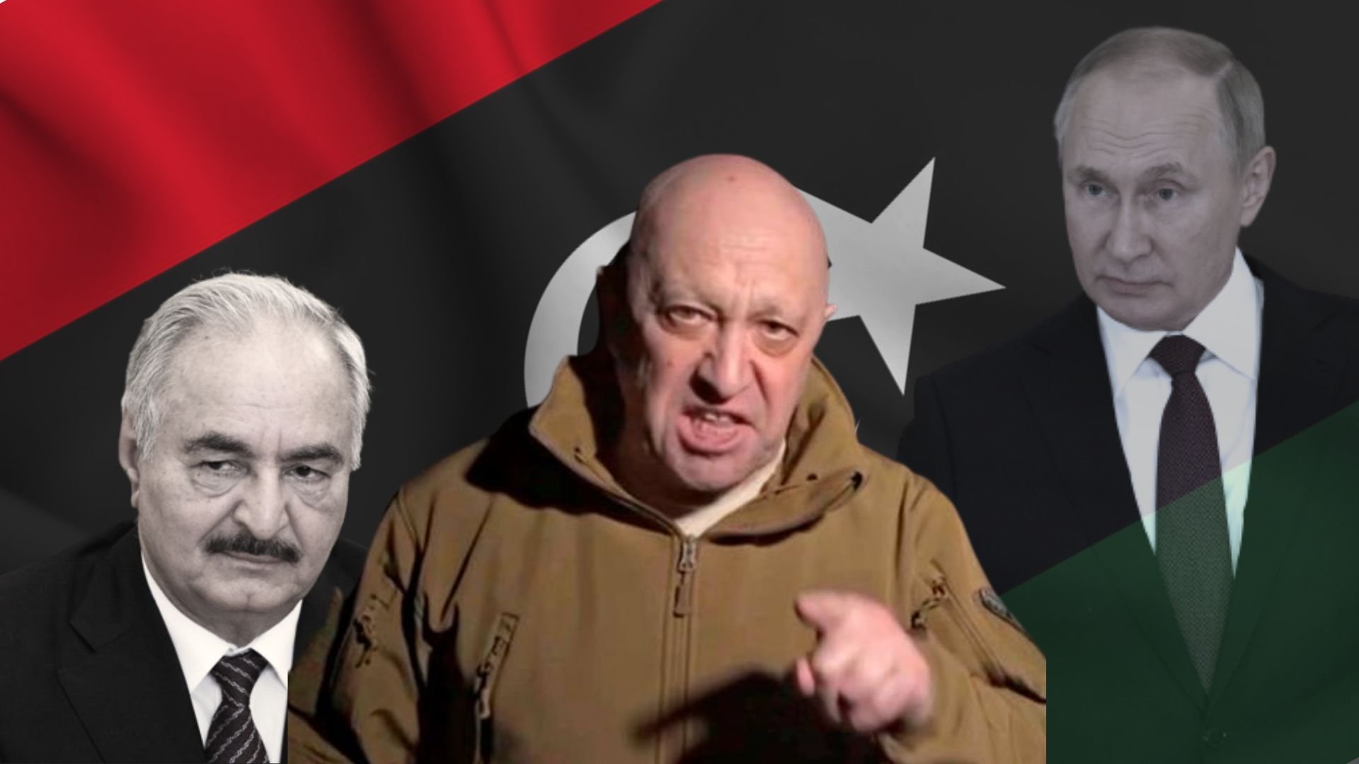 L'image présente un fond composé de drapeaux et de couleurs sombres, avec des éléments représentant des figures politiques. Au centre, on voit un homme en tenue militaire aux traits marqués, qui semble s'adresser directement à l'audience avec un geste expressif de la main. Sur la gauche, un homme plus âgé avec une barbe grise et des traits sérieux est portraituré, tandis qu'à droite, un homme au visage impassible et à la coiffure soignée est visible. Le tout évoque un contexte de tensions géopolitiques, particulièrement en lien avec la Libye et la Russie.