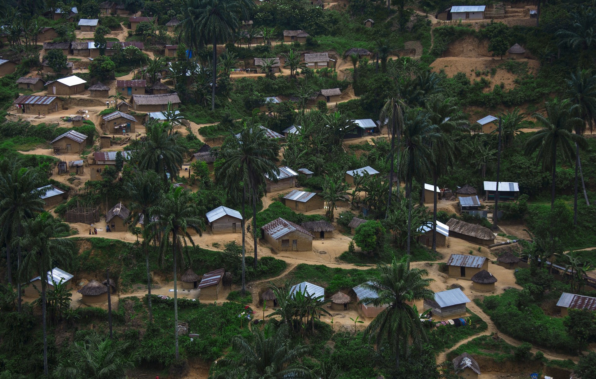 L'image présente un paysage rural d'un village, vu d'une certaine hauteur. On y aperçoit des maisons modestes, certaines avec des toits en tôle ondulée, d'autres avec des toits de chaume. Les habitations sont dispersées au milieu d'une végétation dense, dominée par de grandes palmiers. Le sol est en terre battue et on distingue des chemins qui relient les maisons. L'ambiance est paisible, permettant d'imaginer un cadre de vie simple et rural, entouré par la nature vibrante.