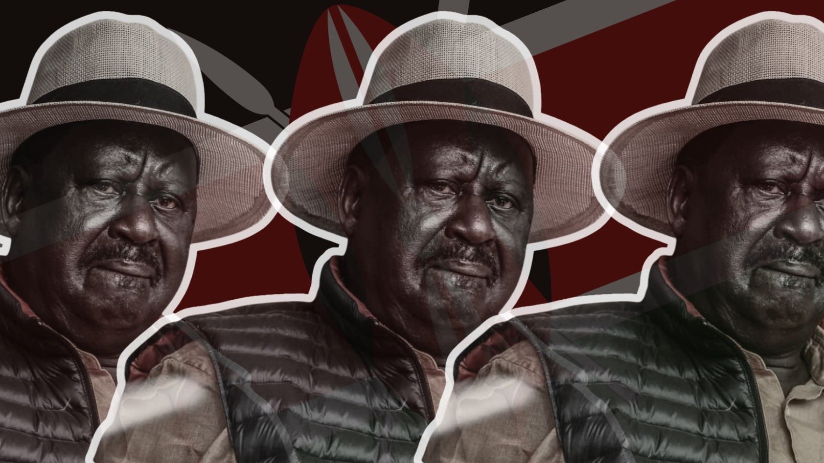 L'image présente un homme avec un visage sérieux, habillé d'une chemise, portant une veste rembourrée et un chapeau de paille large. Ses traits sont marqués et son expression semble refléter une profonde réflexion ou détermination. En arrière-plan, des couleurs et motifs évoquent le drapeau du Kenya, avec des éléments géométriques qui créent une ambiance dynamique. L'image est stylisée, montrant plusieurs fois le même homme, ce qui lui donne un effet de répétition visuelle. L'ensemble transmet une impression de force et de présence.