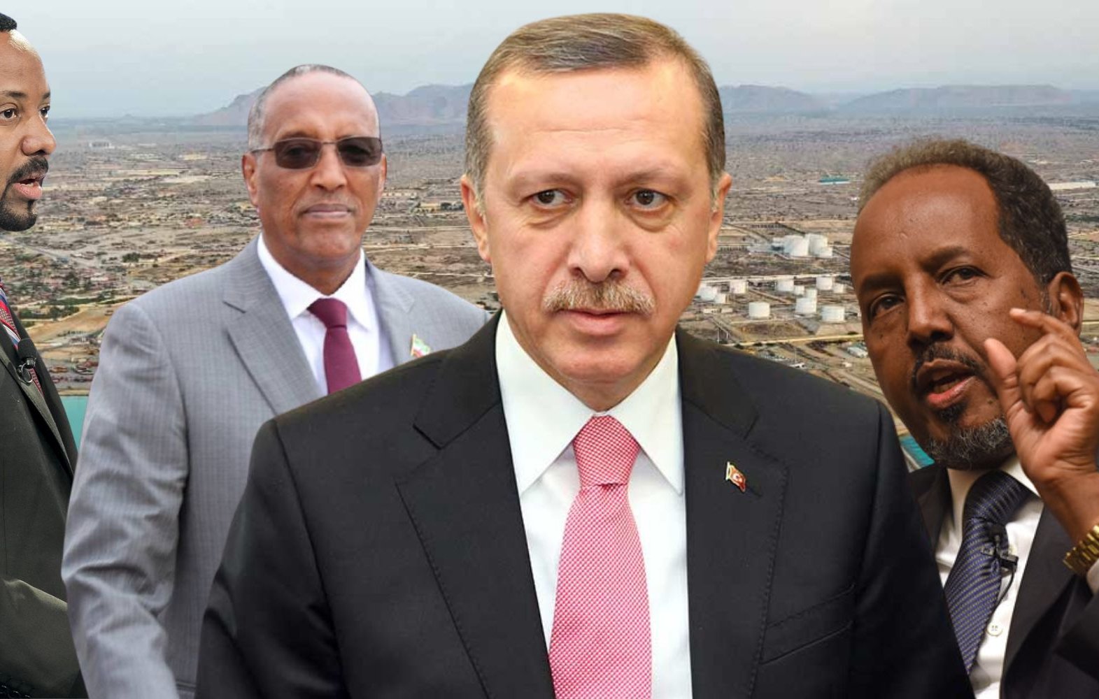 L'image présente plusieurs figures politiques, superposées sur un paysage urbain en arrière-plan. Au centre, un homme portant un costume sombre et une cravate rose, semblant sérieux, représente un leader important. À gauche, un autre homme en costume rayé, se tourne légèrement vers la droite, tandis qu'à droite, un homme avec une chemise noire et des accents blancs souligne un point avec passion. En arrière-plan, on aperçoit une ville, probablement une vue panoramique, suggérant un contexte économique ou politique. Cette composition met en avant l'interaction entre ces dirigeants dans un cadre de discussion ou de réunion.