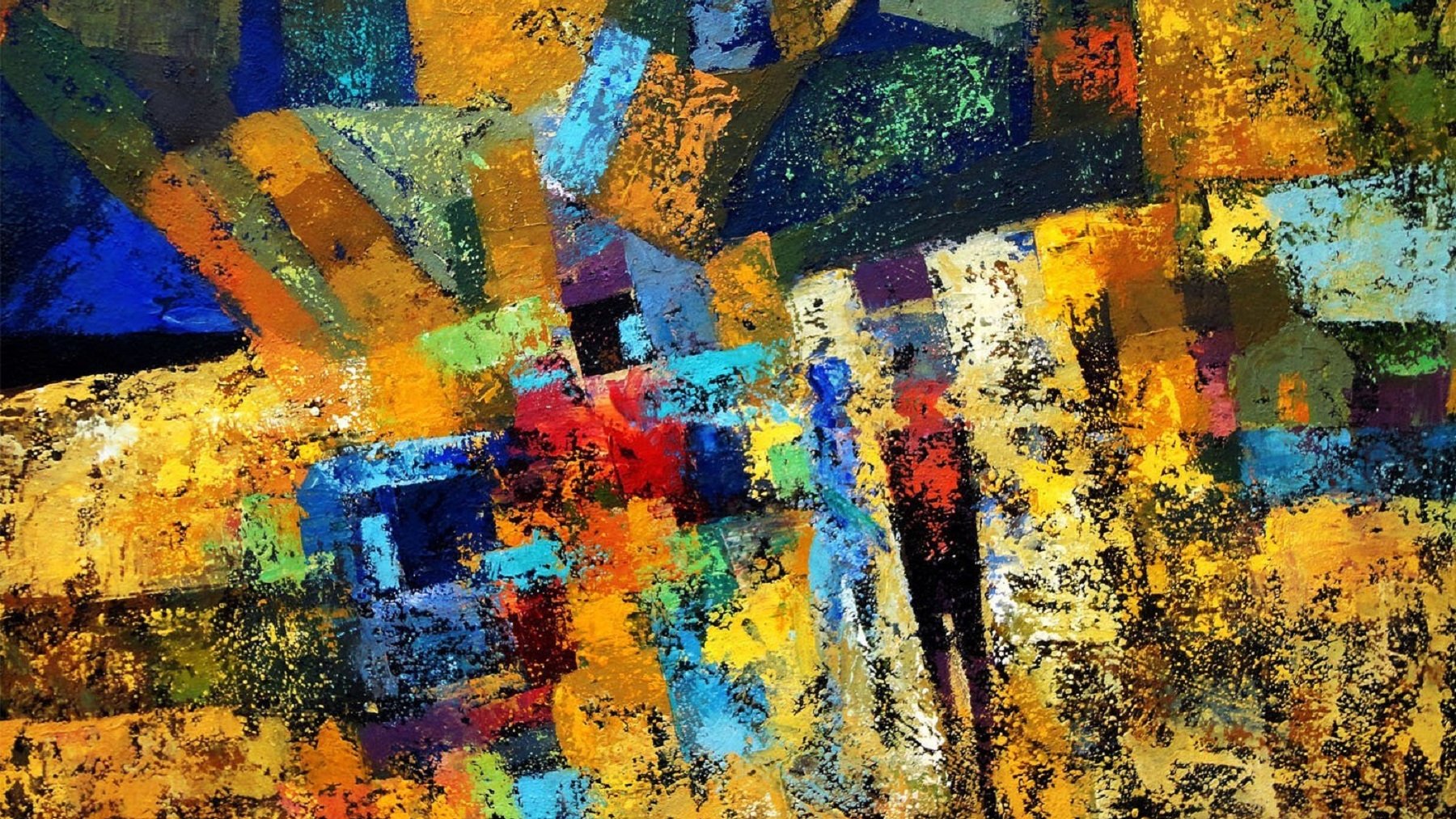 Cette image est une peinture abstraite riche en couleurs vives. On y distingue des formes géométriques et des traits qui évoquent des silhouettes humaines. Les teintes dominantes sont des jaunes, oranges, bleus et rouges, créant une ambiance dynamique et chaleureuse. Les contrastes entre les couleurs suggèrent une profondeur et une texture, avec des coups de pinceau visibles qui ajoutent du mouvement à l'œuvre. L'ensemble dégage une impression de vie et d'énergie, laissant place à l'interprétation personnelle.