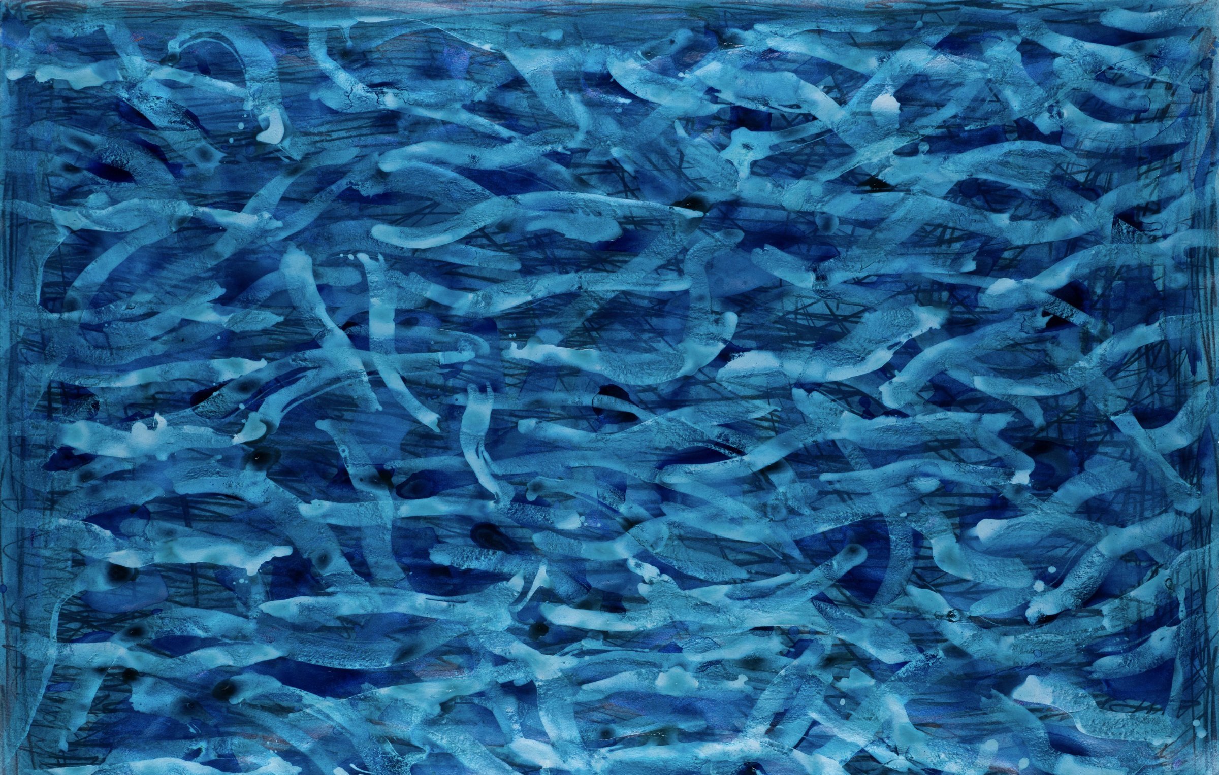 Cette image représente une composition abstraite dominée par des nuances de bleu, allant du clair au foncé. On y trouve des formes fluides et sinueuses qui s'entrelacent, évoquant le mouvement de l'eau ou des vagues. Les coups de pinceau semblent légers et vibrants, créant une sensation de profondeur et de texture. Les lignes se croisent et s'entrelacent, formant un motif dynamique et enchevêtré qui invite à une contemplation attentive et à l'imagination.