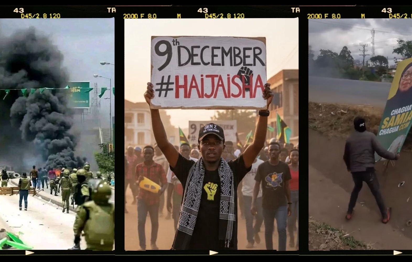 Cette image est divisée en trois parties distinctes. Dans la première partie, on voit une scène de chaos avec de la fumée noire s'élevant, suggérant une manifestation ou des troubles civils. Des personnes sont visibles, probablement en train de s'éloigner ou de s'affronter avec les forces de l'ordre, créant une atmosphère de tension. La deuxième partie montre un homme levant un grand panneau sur lequel est écrit "9th December #Haitajisha". Il semble être au centre d'une manifestation, affichant un message de protestation ou d'appel à l'action. Il porte un t-shirt noir et une écharpe, s'affirmant visiblement dans son engagement. Dans la troisième partie, un autre homme est aperçu en train de manipuler un panneau de campagne. Ce panneau semble représenter un candidat ou un supporter politique, et l'environnement évoque un espace urbain. L'ensemble de l'image donne un aperçu des dynamiques sociales et politiques actuelles, mêlant des éléments d'activisme et d'engagement communautaire.