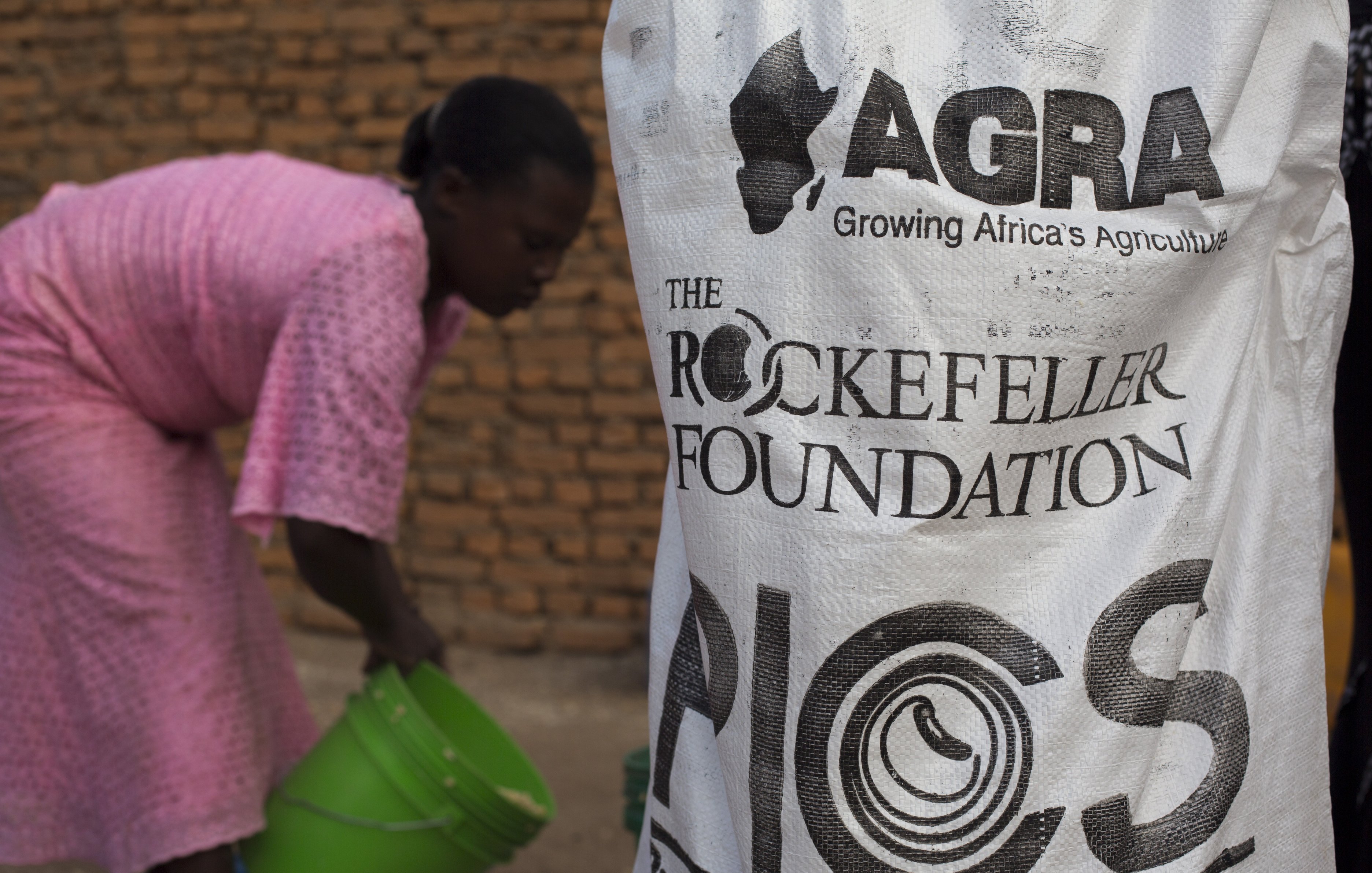 Sur l'image, on peut voir une femme vêtue d'une robe rose, penchée en train de remplir un seau vert. Elle est dans un environnement extérieur, peut-être une zone de travail ou d'agriculture. À l'avant-plan, un grand sac en plastique est visible, portant les logos de l'AGRA (Alliance for a Green Revolution in Africa) et de la Fondation Rockefeller, ainsi que l'inscription "PICS". Ce sac semble contenir des produits liés à l'agriculture. L'ambiance générale évoque une activité de soutien à l'agriculture, probablement liée à la cohésion communautaire et au développement durable. Le fond est constitué de briques, suggérant un cadre simple et rural.