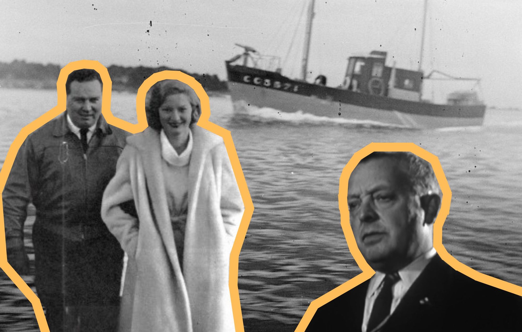 L'image que vous décrivez montre trois éléments principaux. Au centre, il y a deux personnes debout côte à côte : un homme et une femme. L'homme porte un manteau, et la femme est vêtue d'un long manteau clair. Tous deux ont l'air souriant et sont probablement dans un environnement extérieur, suggérant un moment convivial. En arrière-plan, un bateau de pêche navigue sur l'eau. Ce bateau est plutôt simple, avec des lignes classiques, et semble glisser doucement à la surface de l'eau. À droite, il y a également un portrait d'un homme en train de regarder vers l'avant. Son expression est sérieuse, et il semble en réflexion. L'ensemble de la scène donne un sentiment de nostalgie, peut-être évoquant un souvenir d'une époque passé ou d'un moment partagé en plein air.
