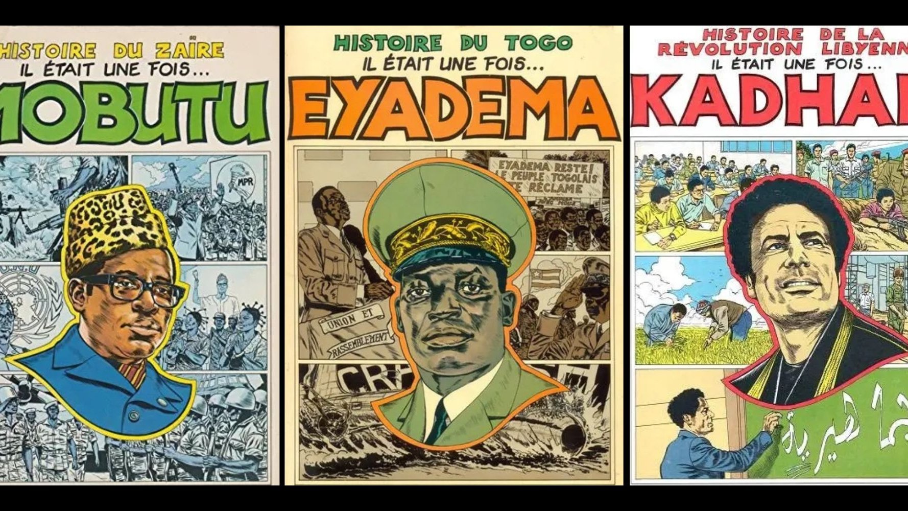 L'image présente trois illustrations distinctes, chacune dédiée à un personnage historique et son pays. À gauche, nous avons une représentation de Mobutu, le leader du Zaire, affichant un style vestimentaire traditionnel avec un chapeau typique, entouré de motifs évoquant des scènes de la vie politique et sociale du pays.Au centre, se trouve Eyadéma, le dirigeant du Togo, habillé en uniforme militaire. Son expression est sérieuse, symbolisant son rôle dans l'histoire du pays. En arrière-plan, plusieurs éléments graphiques illustrent des moments clés de son règne.À droite, Kadhafi, le leader libyen, est dépeint dans un cadre où il s'adresse à une foule. Son image est entourée de symboles révolutionnaires, reflétant son impact sur la Libye et ses idéaux politiques.Chaque illustration est accompagnée de titres en couleurs vives, faisant référence à l'histoire de chacun de ces personnages et à leur influence dans leur région respective.