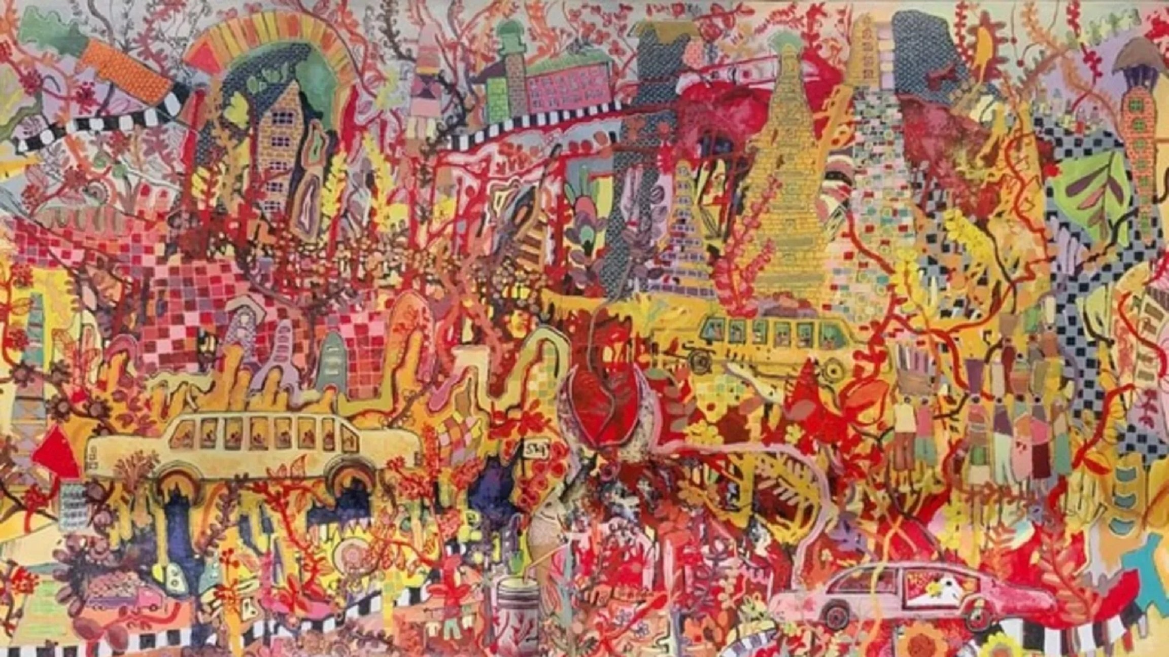 L'image est une œuvre vibrante et complexe, remplie de couleurs éclatantes allant du rouge au jaune, en passant par des touches de bleu et de vert. On y voit une scène urbaine animée, avec des voitures de taxi stylisées, notamment une limousine et d'autres véhicules, qui se déplacent à travers un paysage chaotique. Des motifs floraux et des formes abstraites s'entrelacent, donnant une impression de mouvement et de vitalité. Les bâtiments sont dessinés de manière fantaisiste, apparaissant comme des silhouettes juchées sur des collines. Il y a aussi des figures humaines stylisées, certaines se mêlant à l'architecture ou aux véhicules, tandis que des éléments narratifs comme des mots et des phrases se sont巧整合é dans l'ensemble. L'image évoque une sensation d'énergie et d'imprévisibilité, comme si le monde représenté était en pleine effervescence. Les couleurs chaudes et les formes enchevêtrées créent une atmosphère à la fois festive et légèrement surréaliste.