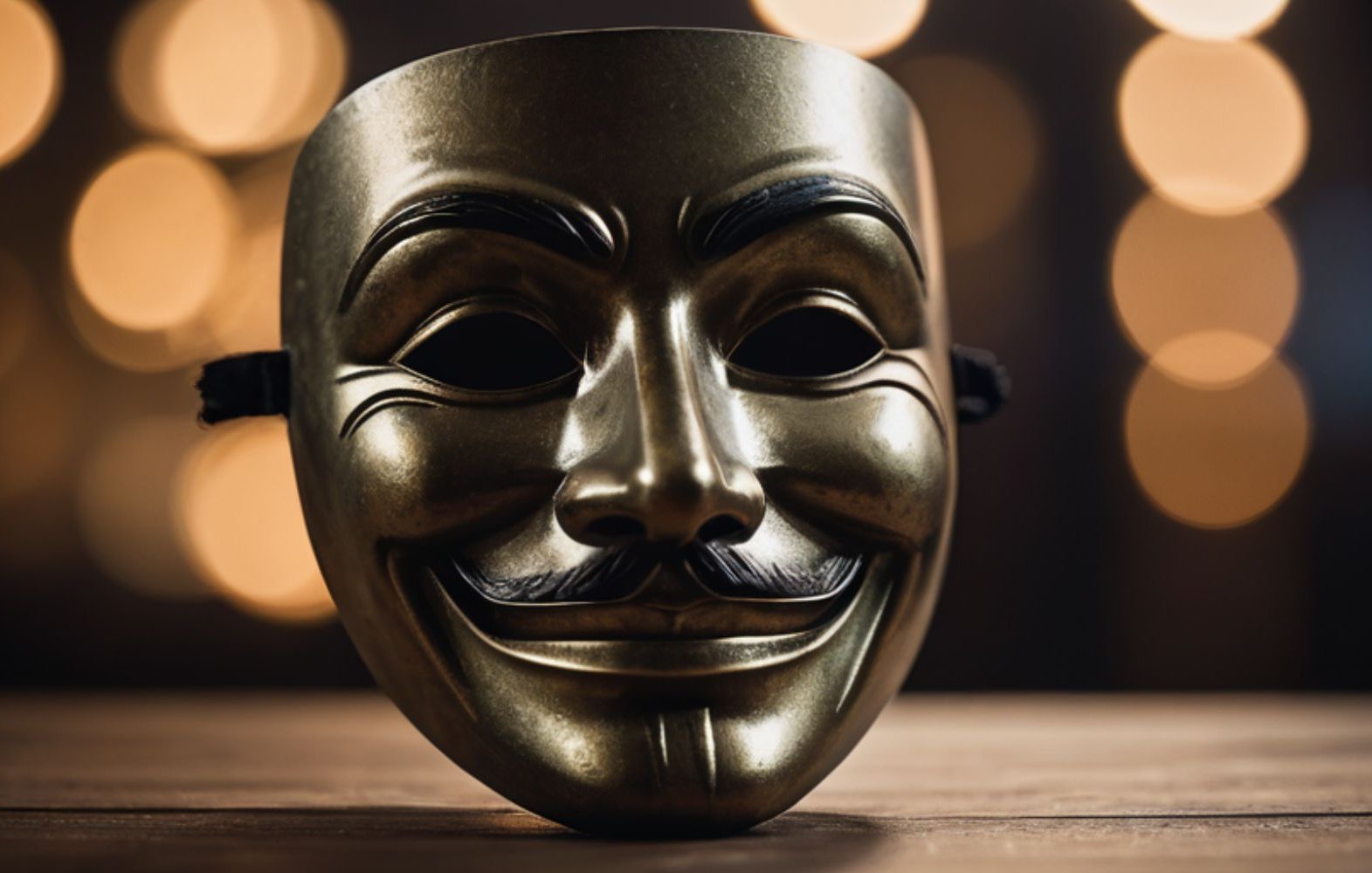 L'image présente un masque de couleur dorée, au design très stylisé. Ce masque affiche un sourire large et un air espiègle, avec des yeux en amande et des sourcils accentués. Il est accompagné d'une moustache fine qui lui donne un aspect à la fois malicieux et mystique. Le fond de l'image est flou, avec des lumières brillantes évoquant une atmosphère chaleureuse et captivante, créant un contraste intéressant avec le masque. La surface du masque, lisse et brillante, attire l'attention par son éclat. Cette représentation évoque des thèmes de mystère et d'identité.