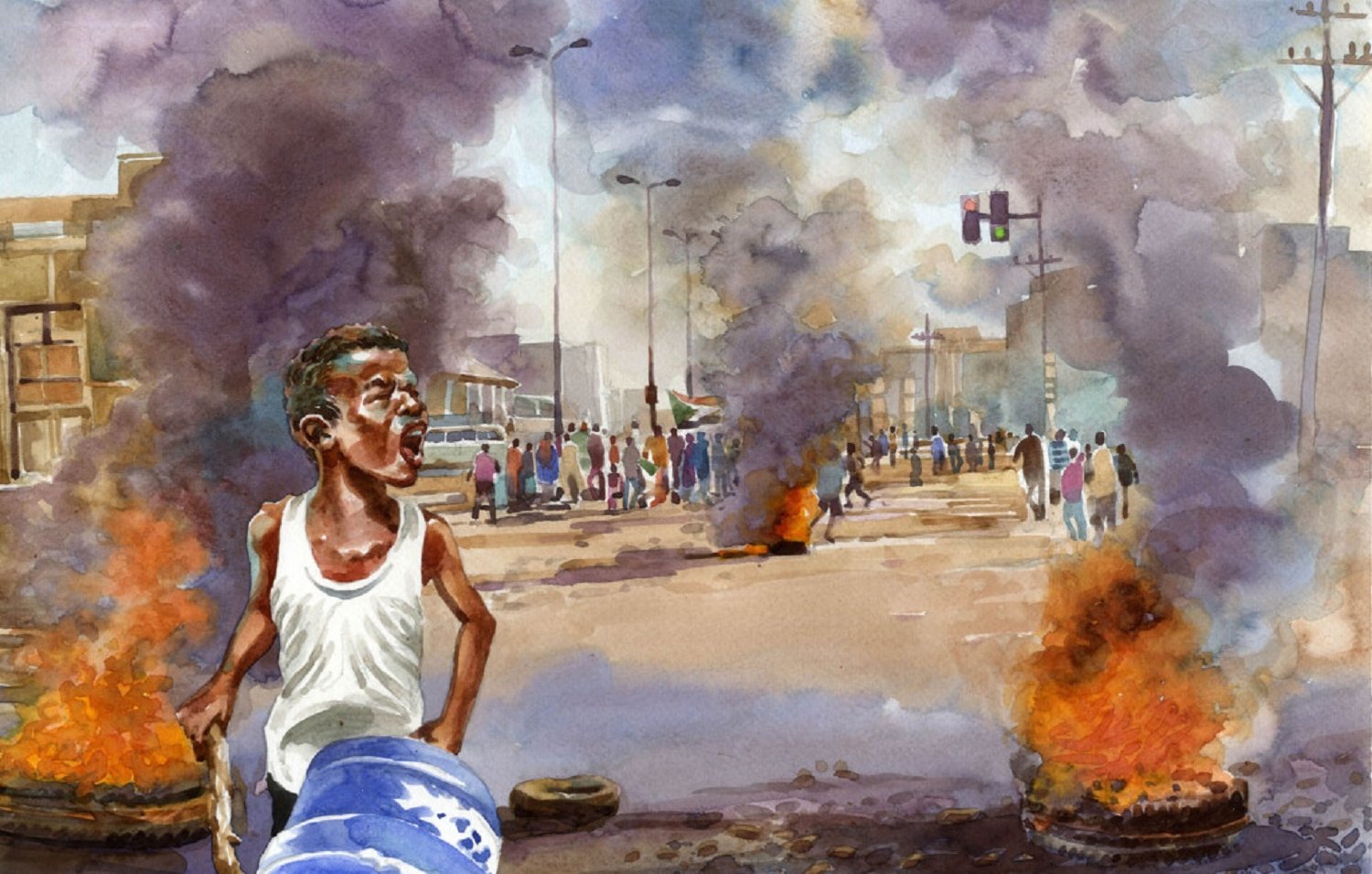 L'image représente une scène de protestation intense. Au centre, un jeune homme, exprimant une forte émotion, crie avec passion. Son visage reflète l'angoisse et la détermination, tandis qu'il porte un débardeur blanc. Autour de lui, on voit des pneus enflammés qui émettent des nuages de fumée sombre. En arrière-plan, une foule se déplace, rassemblée sur une route urbaine. Les bâtiments sont flous, mais on perçoit l'agitation des gens qui se mêlent à l'atmosphère chaotique. Un feu rouge de feu de circulation émerge, témoignant de la vie urbaine. L'ambiance est marquée par une tension palpable et une lutte pour la voix. Les couleurs, principalement des bruns, des bleus et des gris, renforcent l'intensité de la scène.