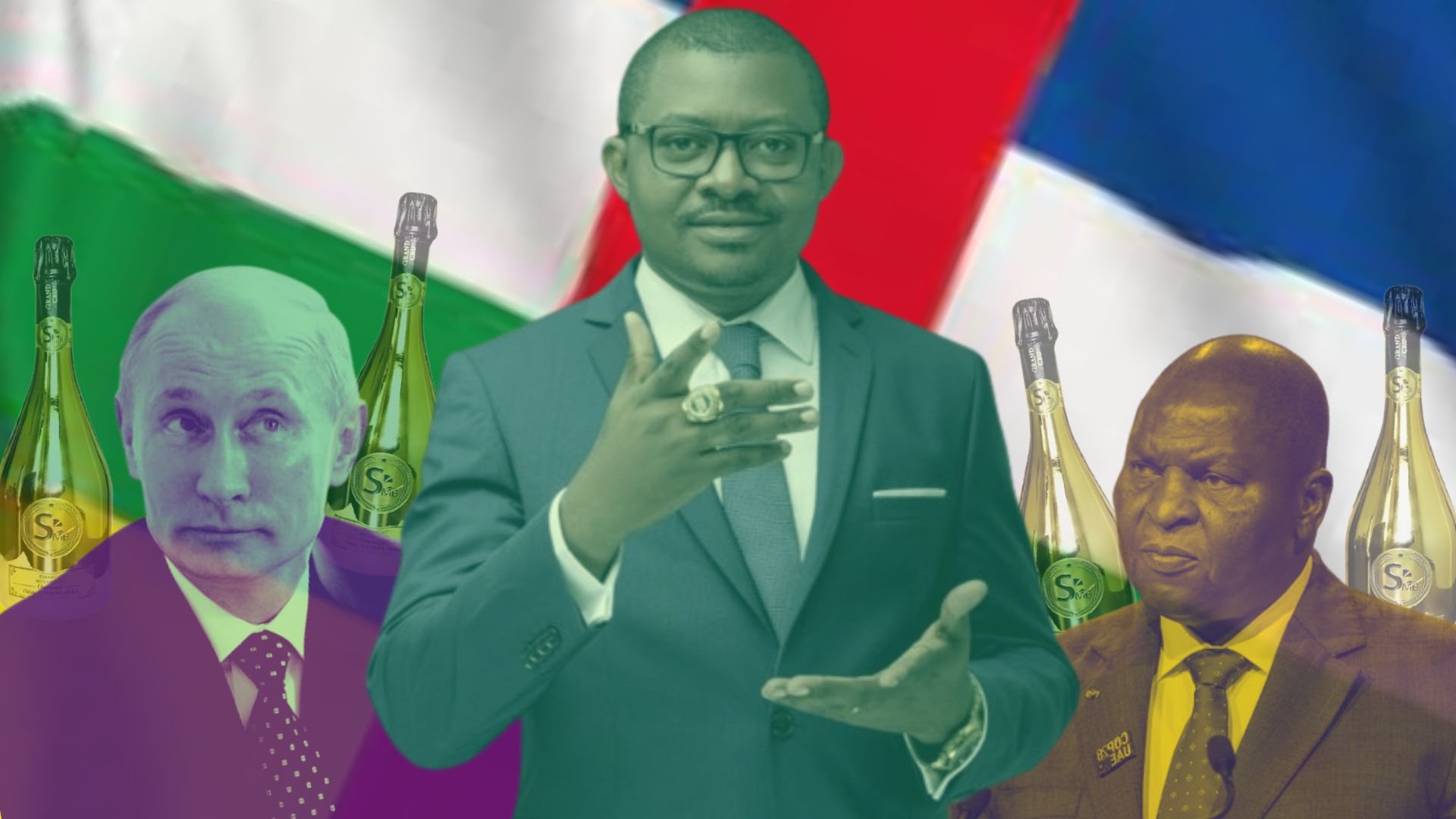 L'image présente un collage coloré. Au centre, un homme en costume sombre fait un geste de la main, semblant s'adresser au public. À gauche, une silhouette qui semble représenter un homme avec des traits distinctifs, accompagné de bouteilles alignées. À droite, une autre figure masculine, également entourée de bouteilles. En arrière-plan, on peut distinguer des motifs de drapeaux, avec des couleurs vives qui créent un contraste. L'ensemble évoque un thème de pouvoir et de conflit, avec des références symboliques aux leaders et à la richesse.