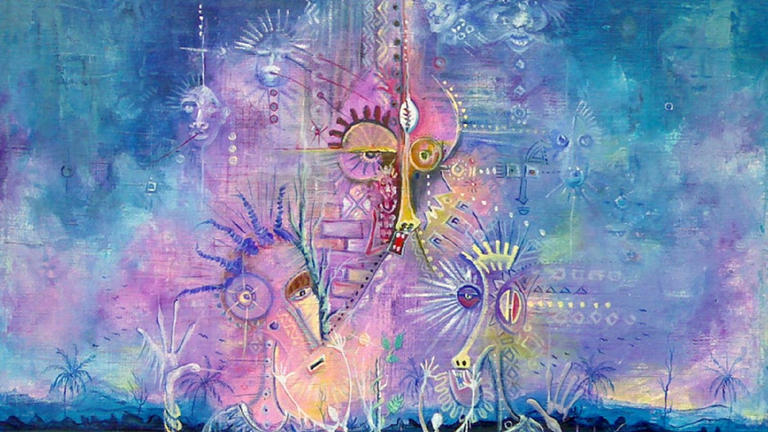 L'image représente une scène abstraite et vibrante, avec un mélange de couleurs pastel qui évoque un paysage onirique. Le fond est un dégradé de bleu et de violet, suggérant un ciel mystique. Au centre, des figures géométriques et des formes humaines stylisées émergent, semblant communiquer entre elles. La texture de la peinture est riche, et des motifs évoquant la nature, comme des racines et des plantes, se distinguent en bas de l'image. La scène dégage une atmosphère de spiritualité et d'harmonie, invitant à la contemplation et à l'interprétation personnelle.