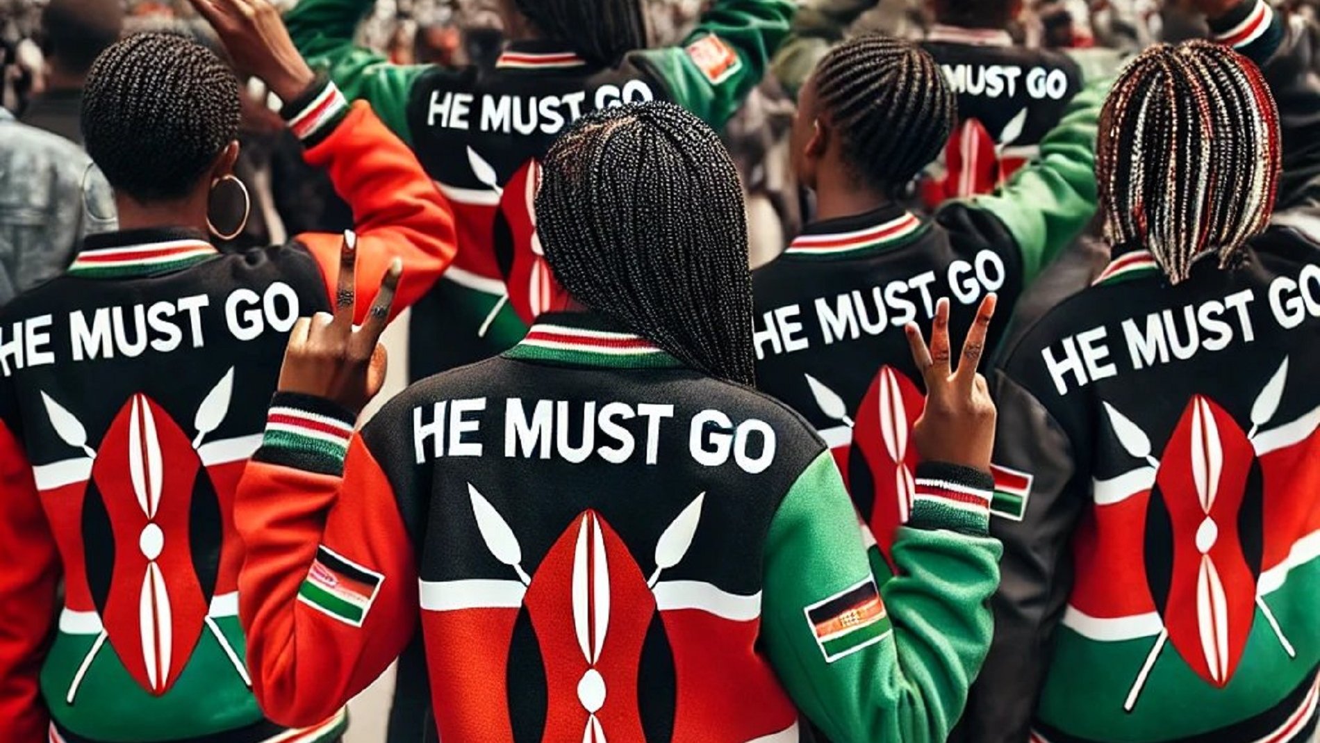 L'image montre un groupe de personnes de dos, toutes portant des vestes aux couleurs du drapeau kenyan : rouge, vert et noir. Les vestes sont ornées d'un motif traditionnel kenyan, représentant des lances et des boucliers. Les personnes font des signes de paix avec leurs mains, et un slogan écrit en lettres capitales sur les vestes dit "HE MUST GO". En arrière-plan, on aperçoit un paysage urbain avec des bâtiments modernes, suggérant une ambiance de manifestation ou de rassemblement. L'ensemble dégage une forte camaraderie et un message de revendication.