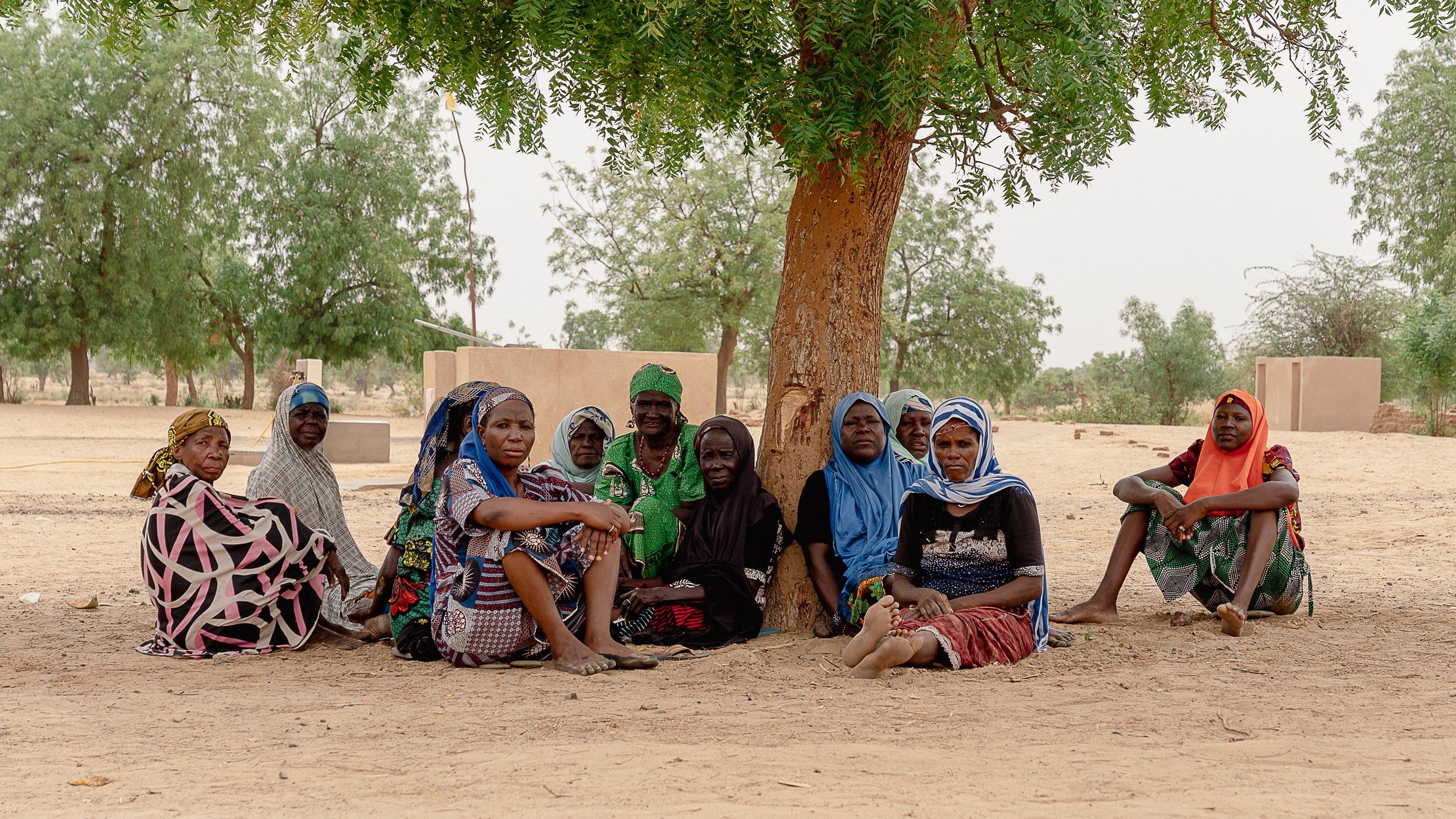 L'image montre un groupe de femmes assises en cercle sous un grand arbre. Elles sont vêtues de vêtements colorés et variés, avec des tissus typiques qui reflètent leur culture. Certaines portent des foulards ou des châles sur la tête. Le sol est sablonneux, et en arrière-plan, on aperçoit des parcelles de terre et quelques petits arbres. L'ambiance semble tranquille et conviviale, comme si elles partageaient un moment de conversation ou de repos. Le ciel est clair, et la lumière met en valeur les couleurs de leurs tenues.