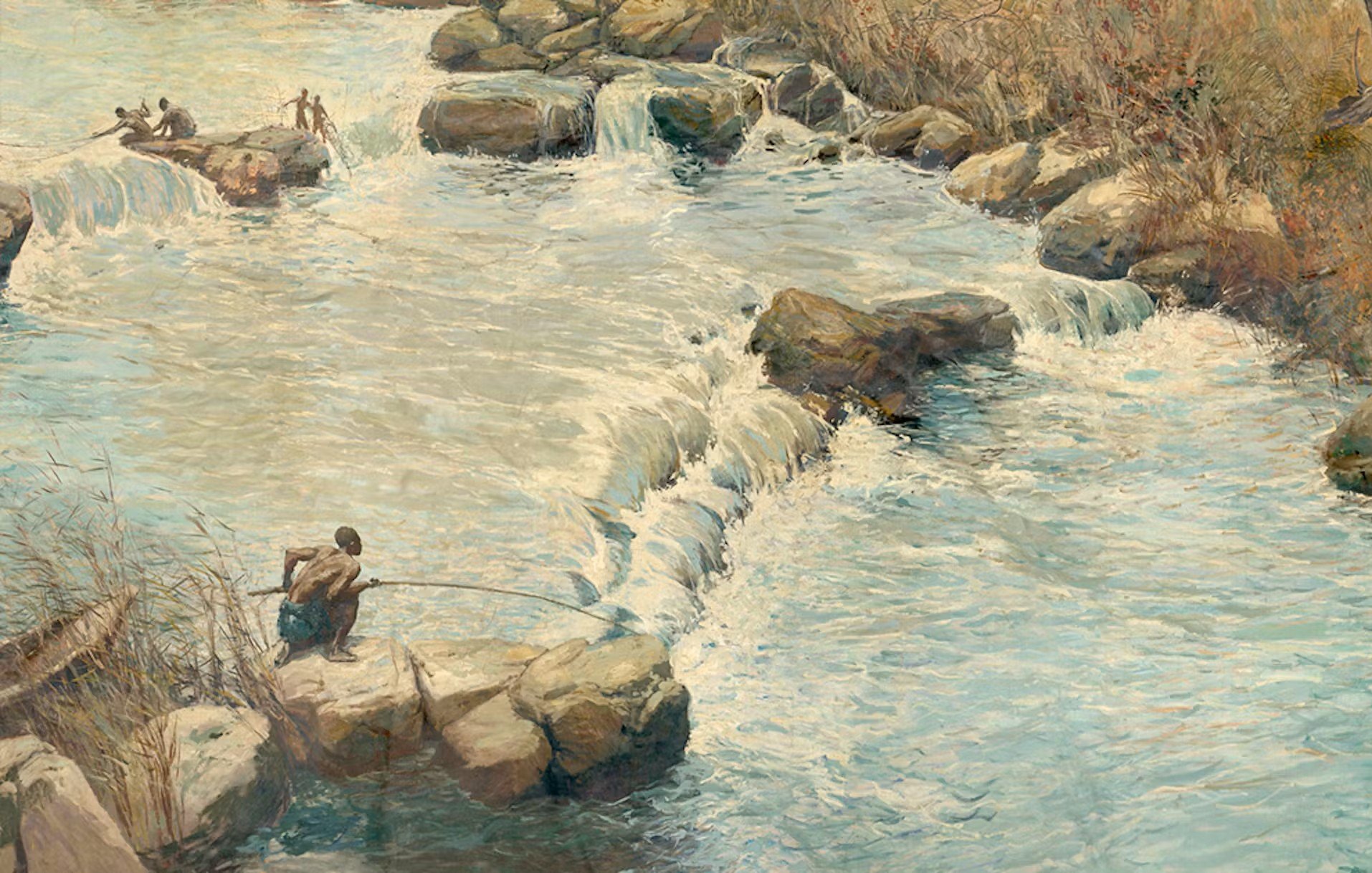 L'image représente une scène de pêche paisible au bord d'un cours d'eau. À gauche, un homme est assis sur une grosse pierre, tenant une canne à pêche, attentif à l'eau. De petites vagues se forment autour des rochers, créant une ambiance tranquille. En arrière-plan, on aperçoit d'autres pêcheurs, engoncés dans la nature, avec des arbres et des herbes qui ajoutent une touche de vie à ce paysage. La lumière joue sur l'eau, offrant des reflets lumineux qui rappellent la douceur d'une journée ensoleillée. L'ensemble évoque un moment de sérénité et une connexion avec la nature.