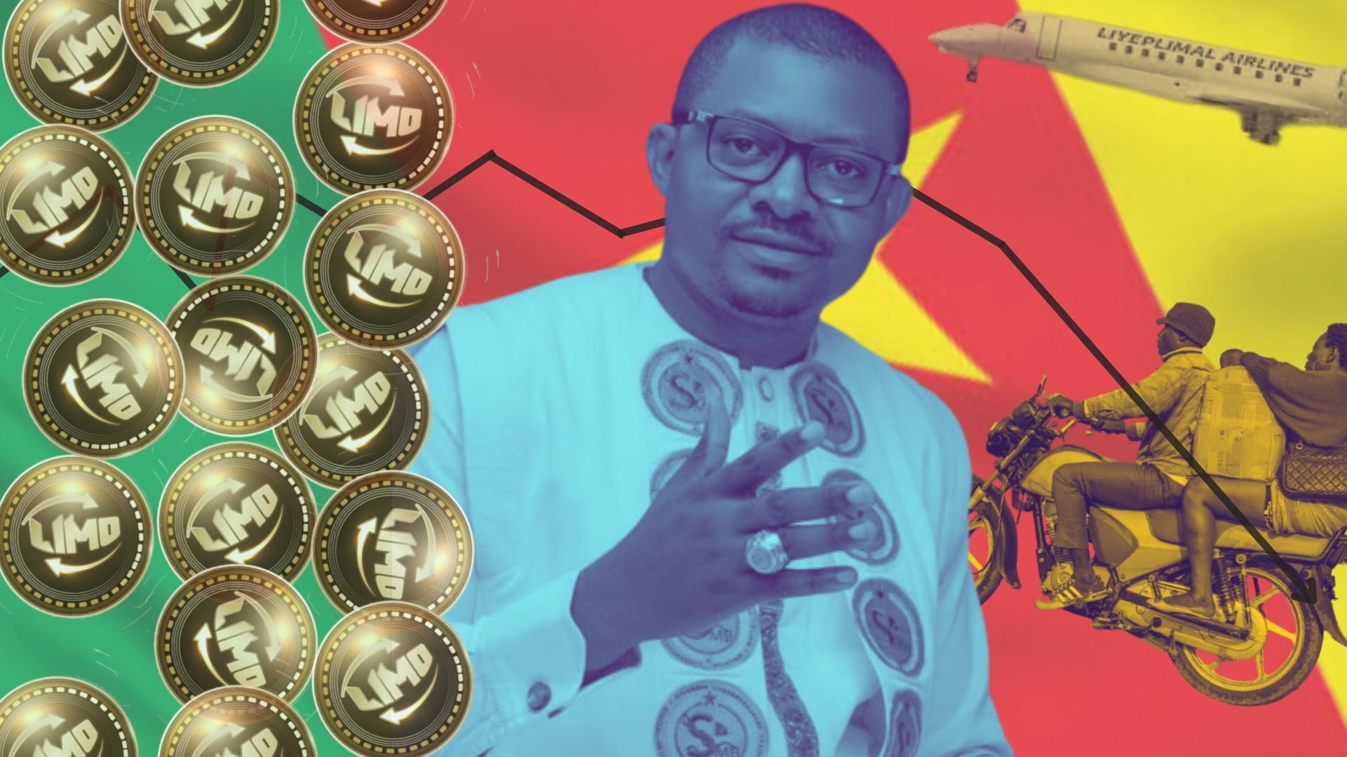 L'image présente un homme au visage souriant, vêtu d'une tenue traditionnelle blanche ornée de motifs. En arrière-plan, on peut voir des éléments colorés qui évoquent le Cameroun, notamment un drapeau aux couleurs vives. Des cercles d'argent avec le mot "LIMO" sont visibles, suggérant un lien avec une forme de monnaie ou de crypto-monnaie. À droite, deux personnes sont assises sur une moto, et un avion est également représenté, symbolisant des transports. L'ensemble crée une ambiance dynamique et moderne, mêlant culture locale et technologie.