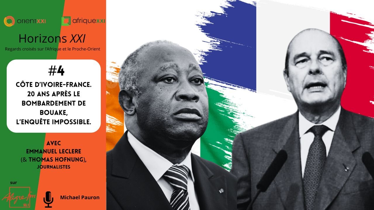 L'image présente un fond aux couleurs de drapeaux, avec des bandes verticales bleu, blanc, et rouge rappelant le drapeau français, ainsi que d'autres teintes évoquant le drapeau ivoirien. Au centre, il y a deux hommes en costume. L'homme de gauche a une expression sérieuse et porte un costume sombre, tandis que l'homme de droite, légèrement en retrait, observe avec un air grave. Le titre placé en haut indique "Horizons XXI", suivi d'un numéro et d'un thème traitant des relations entre la Côte d'Ivoire et la France, en lien avec un événement marquant. En bas, on trouve le nom de l'émission et les noms des journalistes impliqués, ainsi que le nom de la plateforme qui diffuse cette information.