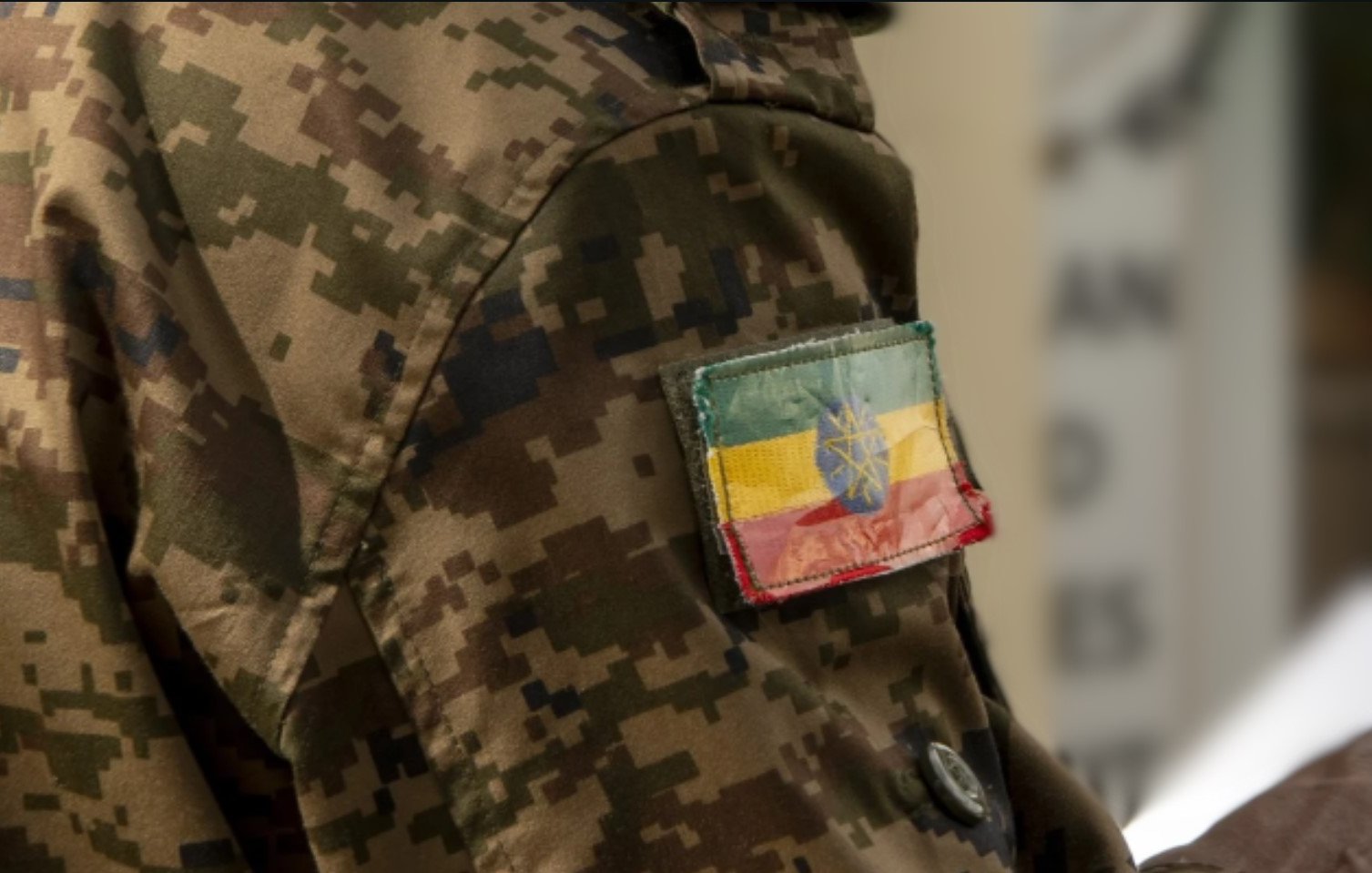 L'image montre un homme portant un uniforme militaire camouflé. Sur la manche de son uniforme, il y a un écusson tricolore représentant le drapeau éthiopien. Ce drapeau est composé de trois bandes horizontales : la bande supérieure est verte, la bande du milieu est jaune et la bande inférieure est rouge. Au centre, on retrouve une étoile bleue entourée d'un cercle doré. L'ensemble de la scène donne une impression de force et de discipline militaire.