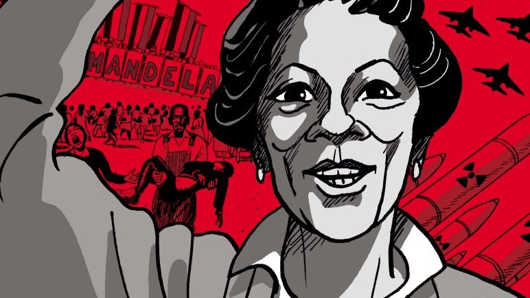 Cette image représente une femme au visage souriant, levant le bras en signe de victoire ou de protestation. Elle est stylisée avec des traits clairs sur un fond rouge vibrant. En arrière-plan, on peut apercevoir des silhouettes de personnes, des avions de chasse et des symboles évoquant la lutte pour la liberté. L'atmosphère générale de l'image suggère des thèmes de résistance et d'espoir.