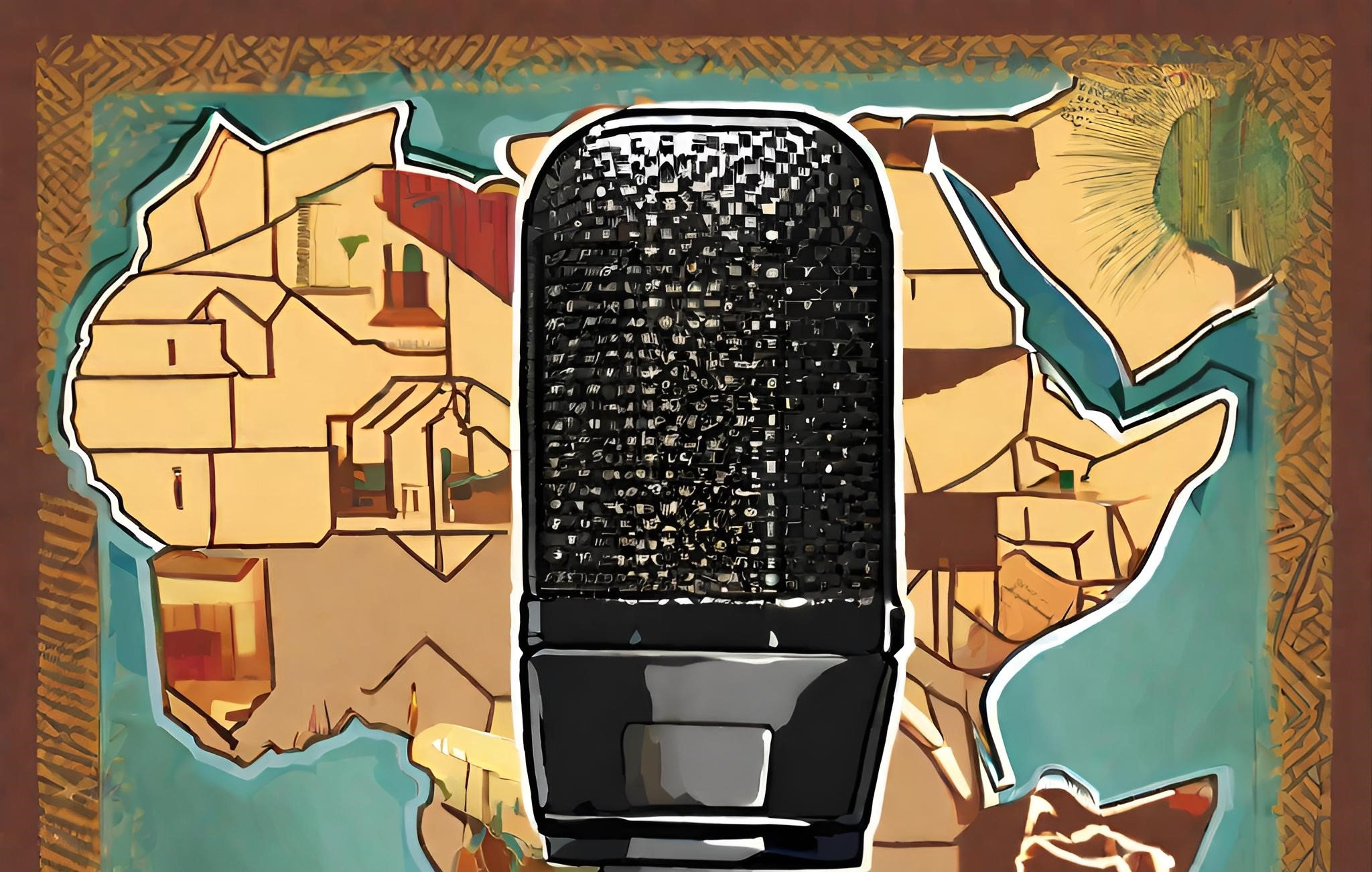 L'image présente un microphone classique, en métal noir et brillant, placé au centre. En arrière-plan, une carte stylisée de l'Afrique est visible, avec des contours et des formes évoquant des paysages et des motifs culturels. Les couleurs de la carte sont variées, avec des teintes de marron, de bleu et de vert. Ce contraste entre le microphone et la carte met en avant une connexion entre la musique ou la voix et les diverses cultures africaines. L'ensemble crée une atmosphère dynamique, évoquant l'idée de communication et d'expression artistique.