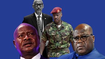 L'image présente plusieurs figures au premier plan, avec un arrière-plan bleu. À gauche, on voit un homme avec une expression préoccupée, au centre un militaire en tenue camouflage, et à droite un homme portant des lunettes et une expression sérieuse. En arrière-plan, il y a une autre silhouette d'un homme en costume. L'ensemble crée une composition qui semble mettre en avant des personnages influents dans un contexte politique ou militaire.