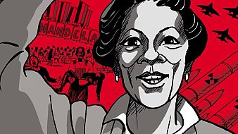 Cette image représente une femme au visage souriant, levant le bras en signe de victoire ou de protestation. Elle est stylisée avec des traits clairs sur un fond rouge vibrant. En arrière-plan, on peut apercevoir des silhouettes de personnes, des avions de chasse et des symboles évoquant la lutte pour la liberté. L'atmosphère générale de l'image suggère des thèmes de résistance et d'espoir.