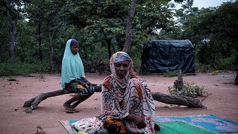 Dans cette image, nous sommes dans un environnement naturel, avec le sol recouvert de terre rouge et entouré d'arbres. À l'avant, une femme est assise sur un tapis, vêtue d'un habit coloré et d'un foulard. Elle a une expression calme. À l'arrière-plan, une jeune fille est assise sur une branche, portant un voile et un vêtement aux motifs colorés. La scène dégage une atmosphère de sérénité et de contemplation, avec la lumière naturelle qui crée une ambiance douce et paisible.
