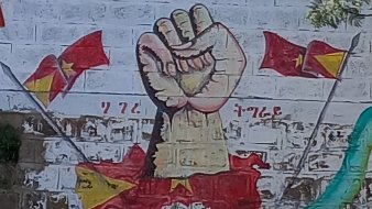Sur le mur, on peut voir une grande fresque représentant un poing levé, symbole de résistance et de solidarité. Ce poing est peint dans des tons clairs, avec des détails qui soulignent sa force. Autour de lui, plusieurs drapeaux flottent, chacun arborant des motifs distincts en rouge et jaune, rappelant des symboles nationaux. En arrière-plan, on distingue des formes qui évoquent des paysages, créant une ambiance dynamique et engageante. L'ensemble transmet une forte impression de détermination et d'unité.