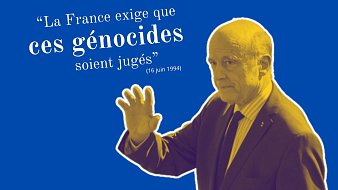 L'image présente un homme en train de faire un geste de la main, comme s'il saluait ou s'adressant à quelqu'un. Il est vêtu d'un costume et d'une cravate, et son visage semble sérieux. L'arrière-plan est de couleur bleue, créant un contraste avec la figure au premier plan. En haut et à gauche, une citation est inscrite en lettres blanches : « La France exige que ces génocides soient jugés », suivie d'une date, le 16 juin 1994. L'ensemble de l'image évoque un appel à la justice et à la responsabilité en rapport avec des événements tragiques de l'histoire.