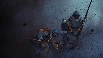 L'image dépeint une scène de guerre intense. Deux soldats, habillés de uniformes bleu ciel typiques de la Première Guerre mondiale, avancent avec détermination à travers un paysage chaotique. On ressent une ambiance de tension et de danger, accentuée par des éclats de poussière et de débris qui volent autour d'eux, comme si une explosion venait de se produire. Les soldats portent des sacs à dos lourds et sont armés de fusils, montrant leur préparation au combat. Leur position angulaire suggère un mouvement rapide, soulignant le courage et l'adrénaline de la situation. L'éclairage est sombre, créant une atmosphère pesante, presque apocalyptique.