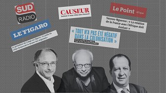 L'image présente un collage de plusieurs éléments médiatiques, dont des logos de différentes publications françaises, comme "Sud Radio", "Le Figaro", "Causeur" et "Le Point Afrique". Au centre, il y a trois hommes en portrait, avec des expressions sérieuses, probablement des intervenants ou des commentateurs. Des bulles de texte mettent en avant des citations, dont une sur la colonisation, indiquant que "Tout n'a pas été négatif dans la colonisation". Cela suggère une discussion ou un débat sur des sujets sensibles, liés à l'histoire coloniale et aux relations entre la France et l'Afrique. L'arrière-plan est texturé, ajoutant une profondeur visuelle, tout en soulignant l'importance des thèmes de l'image.