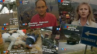L'image se compose de plusieurs extraits de reportages d'actualité sur la crise en Afrique, plus précisément en Zaire et au Rwanda. On y voit des journalistes en train de présenter des informations importantes. Dans le coin supérieur gauche, un homme, Gauthier Rybinski, est en train de rapporter sur le terrain, avec un arrière-plan montrant des gens et des véhicules. Au centre, une image montre des blessés ou des victimes, soulignant la gravité de la situation. Sur une autre partie de l'image, Alain Bourra discute de la situation des Français au Rwanda, tandis que d'autres journalistes comme Jacques Lemaître évoquent des faits d'actualité. Enfin, en bas à droite, un panneau indique "CYANGUGU", ce qui peut faire référence à une localisation clé. L'ensemble de l'image évoque une atmosphère de crise, d'urgence et de couverture médiatique de conflits majeurs.