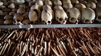 L'image montre un ensemble de crânes humains disposés sur une étagère, alignés les uns à côté des autres. Les crânes sont de couleur crème, certains présentent des fissures, témoignant du passage du temps. En dessous des crânes, on peut apercevoir une vaste collection d'os longs, probablement des os des bras et des jambes, également organisés en rangées. L'atmosphère de l'image est sombre et solennelle, évoquant un lieu de mémoire ou un site historique lié à la mort et à la mémoire des défunts.