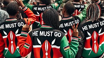 L'image montre un groupe de personnes de dos, toutes portant des vestes aux couleurs du drapeau kenyan : rouge, vert et noir. Les vestes sont ornées d'un motif traditionnel kenyan, représentant des lances et des boucliers. Les personnes font des signes de paix avec leurs mains, et un slogan écrit en lettres capitales sur les vestes dit "HE MUST GO". En arrière-plan, on aperçoit un paysage urbain avec des bâtiments modernes, suggérant une ambiance de manifestation ou de rassemblement. L'ensemble dégage une forte camaraderie et un message de revendication.