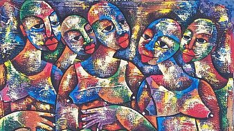 L'image représente un groupe de cinq figures humaines, stylisées et aux traits expressifs. Les personnages sont représentés avec des couleurs vives et des formes abstraites. Les visages affichent des expressions variées, incorporant des nuances de rouge, bleu, vert et jaune. Au centre, on peut voir une grande coupe ou un plat contenant des objets ronds, probablement des fruits. Les figures semblent interagir entre elles, créant une atmosphère chaleureuse et conviviale. L'arrière-plan est également riche en couleurs, ce qui renforce la composition vibrante et dynamique de l'ensemble. Cette œuvre évoque un sentiment de communauté et de partage.