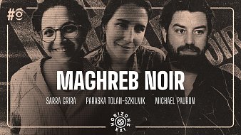 L'image présente un fond texturé et en noir et blanc, avec une ambiance artistique. Au centre, les mots "MAGHREB NOIR" sont écrits en grandes lettres blanches, ce qui suggère une importance particulière de ce titre. Trois personnes sont représentées sur l'image. À gauche, on voit une femme souriante, avec des cheveux bouclés, qui dégage une énergie chaleureuse. Au centre, une autre femme a une expression plus pensive ou réfléchie, avec des cheveux lisses, qui pourraient être attachés. À droite, un homme arbore une barbe et une expression sérieuse, ajoutant une dimension différente à l'ensemble. En bas de l'image, le texte "HORIZONS XXI" indique un thème ou un projet, connectant les personnes à un événement ou un concept particulier. L'ensemble évoque un mélange d'art et de culture, lié à la thématique du Maghreb.