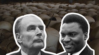 L'image illustre deux figures humaines, probablement des personnages historiques, disposées sur un fond sombre composé de nombreux crânes. La surface sur laquelle se trouvent les crânes est irrégulière, accentuant l'aspect tragique de la scène. Les visages des deux individus en premier plan sont présentés de manière distincte, l'un étant pensif et sérieux, tandis que l'autre affiche un sourire. La juxtaposition des personnages avec le fond évoque des thèmes de mémoire et de conflit, créant une atmosphère pesante et émotive.