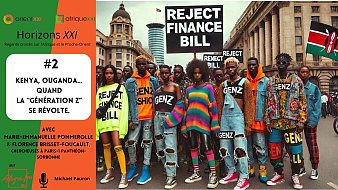 L'image présente un groupe de jeunes, souvent d'origines diverses, qui se tiennent ensemble dans un environnement urbain dynamique. Ils portent des vêtements aux couleurs vives et au style tendance, avec des slogans visibles sur leurs tenues et des pancartes. Au centre, le message principal "REJECT FINANCE BILL" est affiché en lettres grandes et claires, soulignant leur protestation. La scène évoque un sentiment de solidarité et de détermination, illustrant l'engagement de la "Génération Z" dans des sujets sociaux et politiques. En arrière-plan, des bâtiments modernes et historiques contribuent à l'ambiance urbaine.