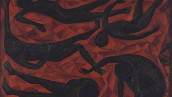 L'image présente une composition abstraite dominée par des teintes de rouge et des silhouettes humaines stylisées. Au centre, plusieurs formes noires évoquent des corps en mouvement, disposés de manière dynamique sur un fond vibrant. Les figures sont allongées et sèches, certaines semblent se déplacer, tandis que d'autres sont presque immobiles. Les contours des corps s'entremêlent, créant une impression de fluidité et de connexion. Le contraste entre les formes sombres et le fond rouge intense évoque des émotions fortes, créant une atmosphère à la fois dramatique et énergique.