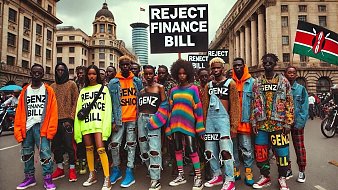 L'image montre un groupe de jeunes engagés dans une manifestation. Ils portent des vêtements colorés et audacieux, avec des slogans comme "GENZ" affichés sur leurs vêtements. Au centre, ils tiennent une grande pancarte sur laquelle est écrit "REJECT FINANCE BILL". En arrière-plan, on peut voir des bâtiments urbains et d'autres personnes, créant une ambiance dynamique et soudée autour de leur cause. Les couleurs vives et les expressions de détermination ajoutent à l'énergie de la scène.