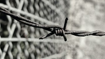 Cette image montre un gros plan de fil de fer barbelé. Le fil est tortueux et comporte des nœuds en spirale, créant un effet de barrière. Le fond est flou, avec une structure en grillage qui se dessine, indiquant que le fil de fer est peut-être installé pour délimiter un espace ou empêcher l'accès. La texture du fil semble rugueuse et rustique, ajoutant une impression de dureté et de résistance.