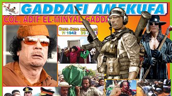 L'image est un collage consacré à Mouammar Kadhafi, un ancien dirigeant libyen. Au centre, on voit une grande photo de Kadhafi, portant des lunettes de soleil et un chapeau orange, avec un air sérieux. À côté de lui, il y a une image d'un soldat en uniforme militaire, tenant une arme, symbolisant éventuellement la guerre. Des scènes de protestation peuvent être vues, représentant des manifestants en colère. Il y a aussi une image de lui blessé, ainsi qu'une autre plus petite où il est en train de parler ou d'assister à un événement public. En bas, un calendrier avec les dates importantes de sa vie et un titre en haut indiquant "Gaddafi Amekufa", ce qui signifie "Gaddafi est mort" en swahili. L'ensemble est entouré d'un fond coloré, ce qui donne une impression dynamique et chargée d'émotions.