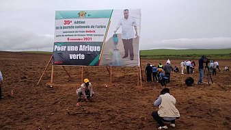 L'image montre un vaste champ de terre nue, où des personnes s'affairent à planter de jeunes arbres. Au centre, un grand panneau affiche le titre "35e édition de la journée nationale de l'arbre" avec une illustration d'un homme en train d'arroser un arbre. La date mentionnée est le 6 novembre 2021, et le slogan "Pour une Afrique verte" est inscrit en bas. Le ciel est nuageux, ce qui suggère un temps frais et peut-être humide, et l'atmosphère semble dynamique, les participants se réunissant pour contribuer à cette initiative de reforestation.