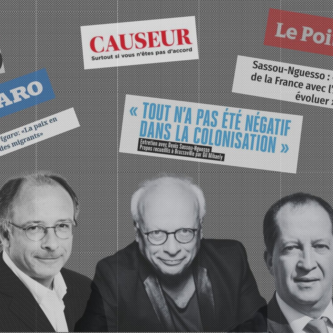 L'image présente un collage de plusieurs éléments médiatiques, dont des logos de différentes publications françaises, comme "Sud Radio", "Le Figaro", "Causeur" et "Le Point Afrique". Au centre, il y a trois hommes en portrait, avec des expressions sérieuses, probablement des intervenants ou des commentateurs. Des bulles de texte mettent en avant des citations, dont une sur la colonisation, indiquant que "Tout n'a pas été négatif dans la colonisation". Cela suggère une discussion ou un débat sur des sujets sensibles, liés à l'histoire coloniale et aux relations entre la France et l'Afrique. L'arrière-plan est texturé, ajoutant une profondeur visuelle, tout en soulignant l'importance des thèmes de l'image.