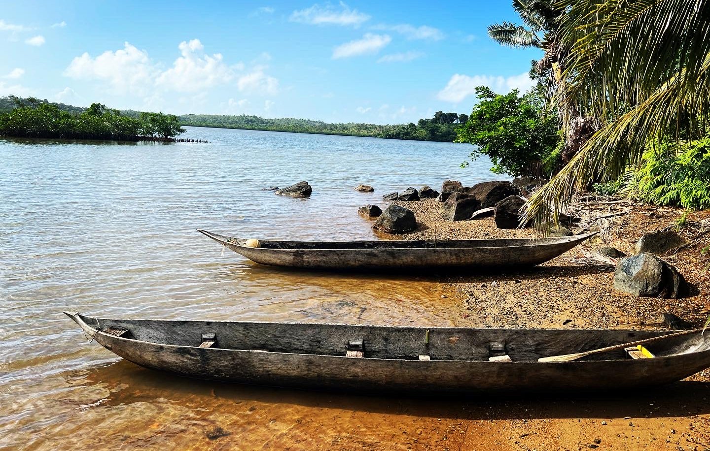 Imaginez une scène paisible au bord de l'eau. Devant vous se trouve un rivage doux avec du sable doré, illuminé par le soleil. À votre gauche, deux pirogues en bois, usées par le temps, reposent tranquillement sur le rivage, légèrement inclinées vers l'eau calme. La surface de l'eau est lisse, reflétant le ciel bleu parsemé de quelques nuages blancs. À droite, vous pouvez percevoir des rochers de tailles variées, surmontés ici et là de végétation luxuriante. Des palmiers se dressent en arrière-plan, ajoutant une note tropicale à l'ambiance. L'air est frais, avec une légère brise qui apporte une odeur de terre humide et de végétation. L'ensemble dégage une atmosphère de sérénité et de beauté naturelle, propice à la contemplation.
