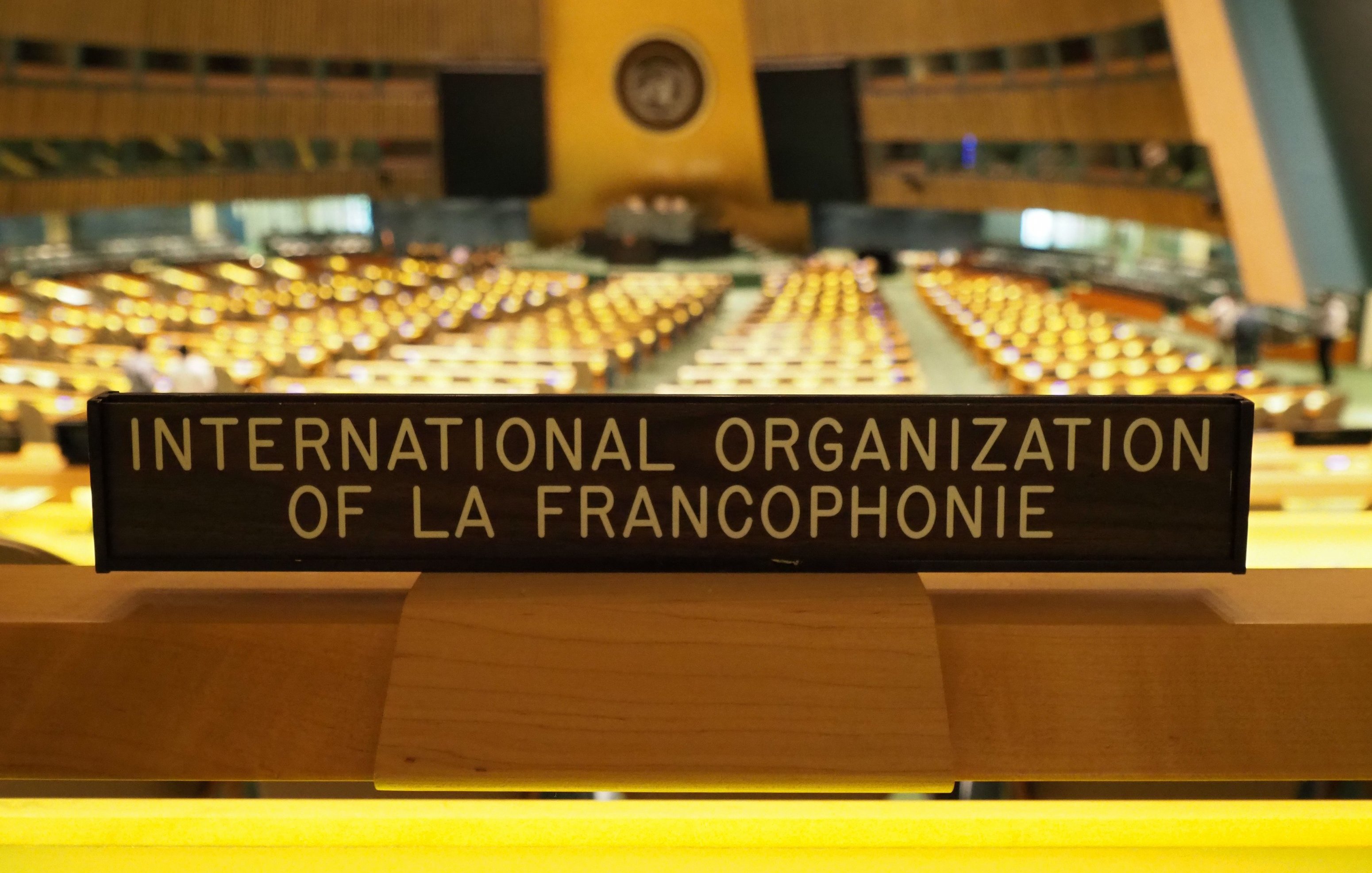 Cette image montre un intérieur d'une grande salle de conférence, probablement à l'ONU. Au premier plan, on voit un panneau en bois portant l'inscription "INTERNATIONAL ORGANIZATION OF LA FRANCOPHONIE". Derrière ce panneau, de nombreuses rangées de sièges sont disposées, chaque rangée étant équipée de petits dispositifs lumineux. La lumière ambiante de la salle crée une atmosphère chaleureuse et accueillante. Les couleurs varient entre des teintes dorées des dispositifs lumineux et les éléments architecturaux modernes du bâtiment. On peut sentir un sentiment d'importance et de sérieux dans cet espace, dédié à des discussions diplomatiques et internationales.