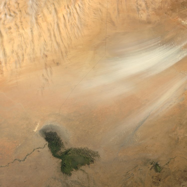 L'image montre une vaste étendue de paysage désertique, dominée par des teintes de beige et de marron clair. On aperçoit des stries blanches qui semblent indiquer des vents ou des mouvements de sable dans l'air. En bas de l'image, un petit plan d'eau apparaît, entouré de terres arides. Ce contraste entre la surface sèche du désert et l'eau brillante crée une scène à la fois aride et intrigante, témoignant des forces naturelles en jeu dans cet environnement désertique. Les textures et les couleurs évoquent une ambiance silencieuse et vaste, typique des paysages désertiques.