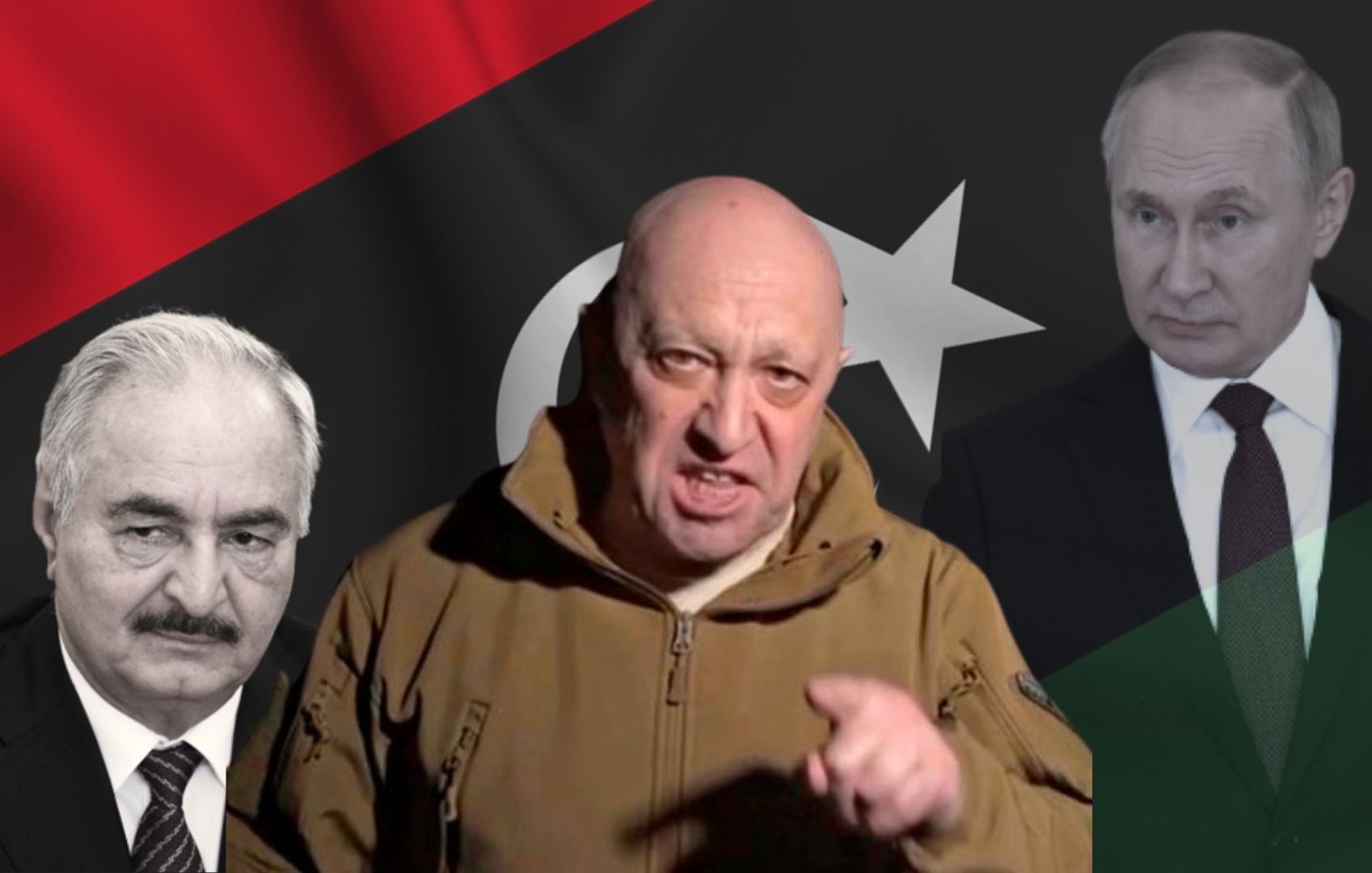 L'image présente un fond composé de drapeaux et de couleurs sombres, avec des éléments représentant des figures politiques. Au centre, on voit un homme en tenue militaire aux traits marqués, qui semble s'adresser directement à l'audience avec un geste expressif de la main. Sur la gauche, un homme plus âgé avec une barbe grise et des traits sérieux est portraituré, tandis qu'à droite, un homme au visage impassible et à la coiffure soignée est visible. Le tout évoque un contexte de tensions géopolitiques, particulièrement en lien avec la Libye et la Russie.