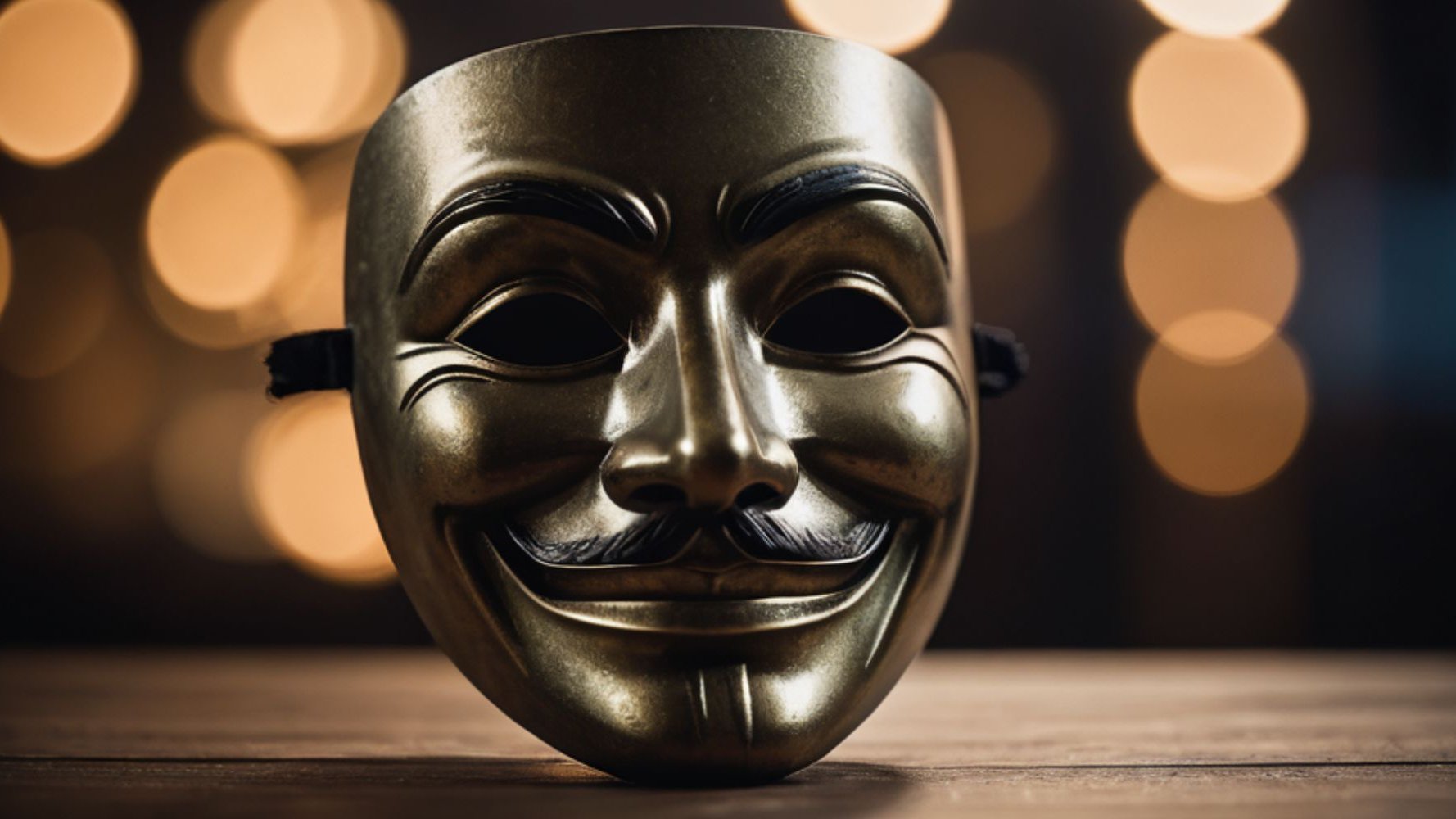 L'image présente un masque de couleur dorée, au design très stylisé. Ce masque affiche un sourire large et un air espiègle, avec des yeux en amande et des sourcils accentués. Il est accompagné d'une moustache fine qui lui donne un aspect à la fois malicieux et mystique. Le fond de l'image est flou, avec des lumières brillantes évoquant une atmosphère chaleureuse et captivante, créant un contraste intéressant avec le masque. La surface du masque, lisse et brillante, attire l'attention par son éclat. Cette représentation évoque des thèmes de mystère et d'identité.